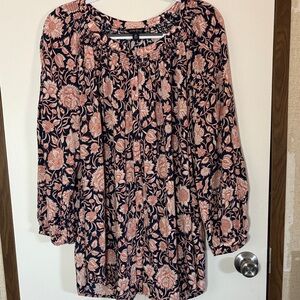 Lucky Brand Size 3X Navy, Blush/Peach Floral Boho Plus Size Button Front Blouse